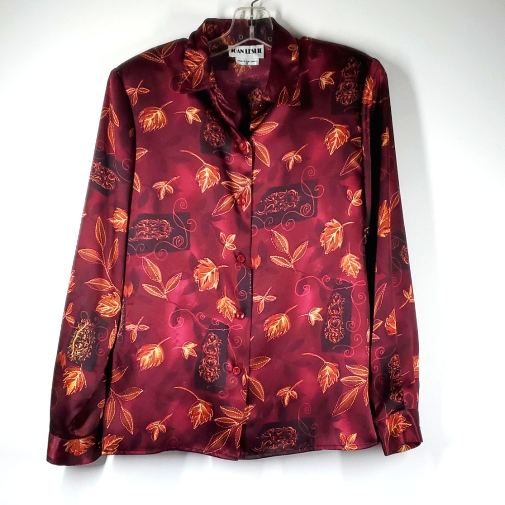 JOAN LESLIE Burgandy Leaf Long Sleeve Blouse 8